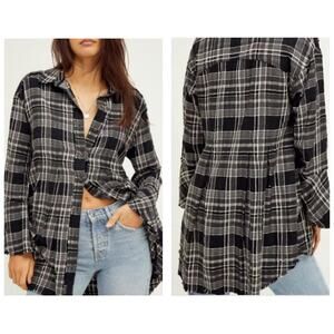 Free People Mary Anne Plaid Button-Down Tunic Size Small Black Boho Bell Sleeve